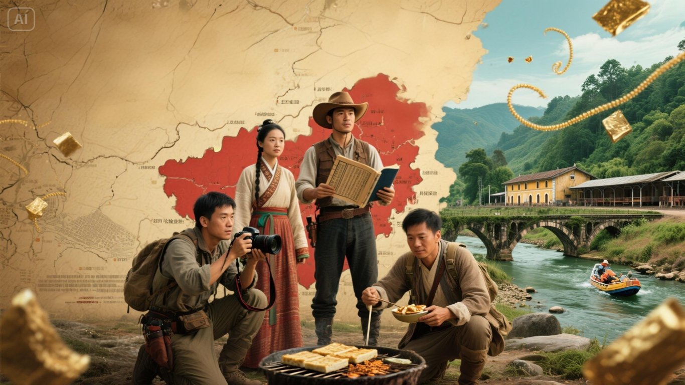jimeng-2025-05-05-891-史诗级电影海报质感，四位探险家站在红河州地图前：戴牛仔帽的队长手持指南针，穿汉服的文化研究者举着古籍，扛相机的摄影师半跪给前面两人拍摄，美食家在一旁烤豆腐。....jpeg