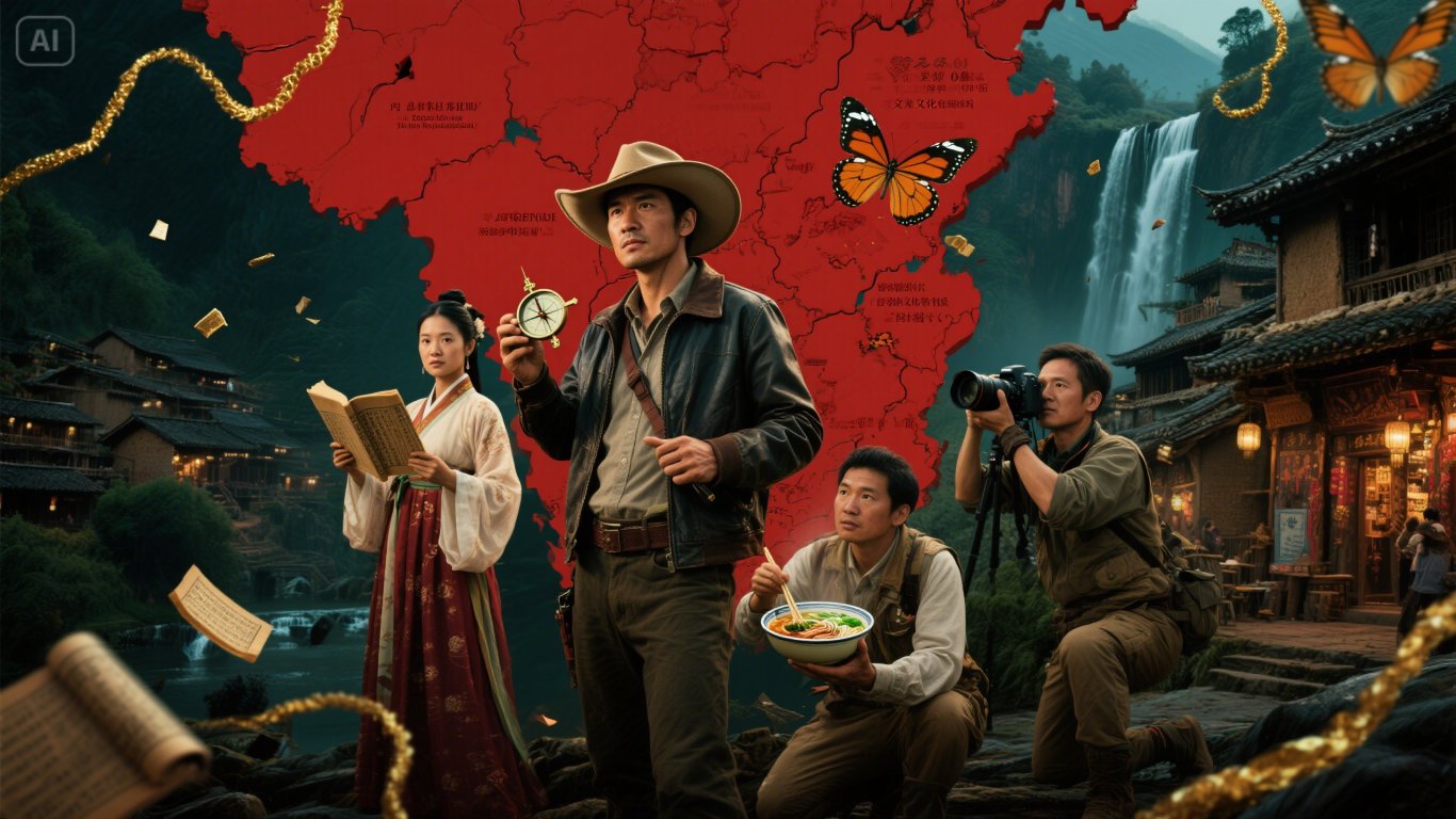 史诗级电影海报质感，四位探险家站在红河州全景地图前：戴牛仔帽的队长手持指南针，穿汉服的文化研究者举着古籍，扛相机的摄影师半跪拍摄，美食家端着过桥米线碗。背景融合城子古村土掌房、蝴蝶谷瀑布、异域风情街，....jpeg