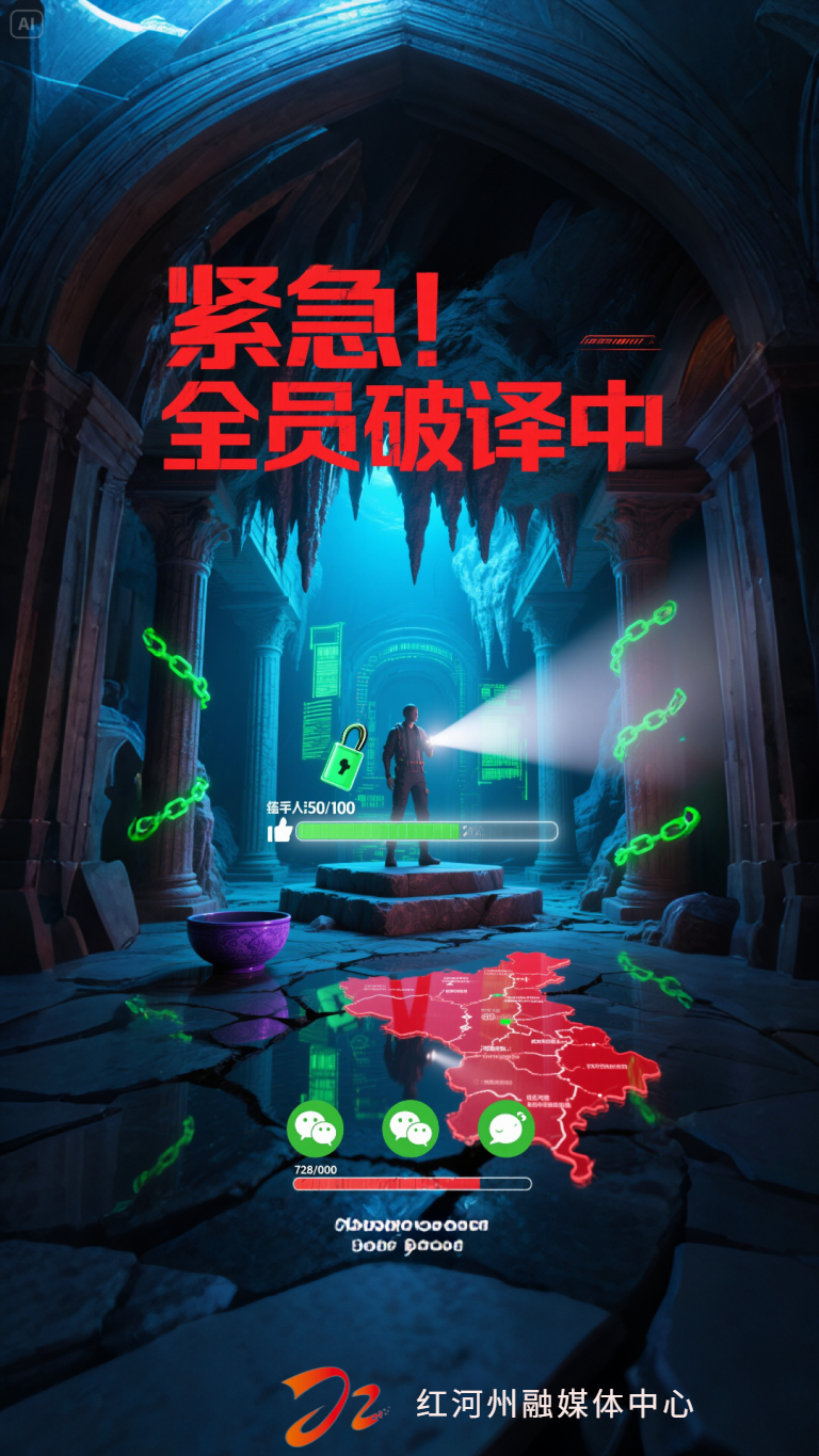 赛博朋克，溶洞探险风格。荧光绿乱码，如数据锁链缠绕钟乳石柱，地面裂缝渗出红河州地图光影。小编虚影被困中央石台，手持强光手电照射悬浮的点赞进度条，光束中浮现半透明路线图碎片（当前进度50_100）。背景....png