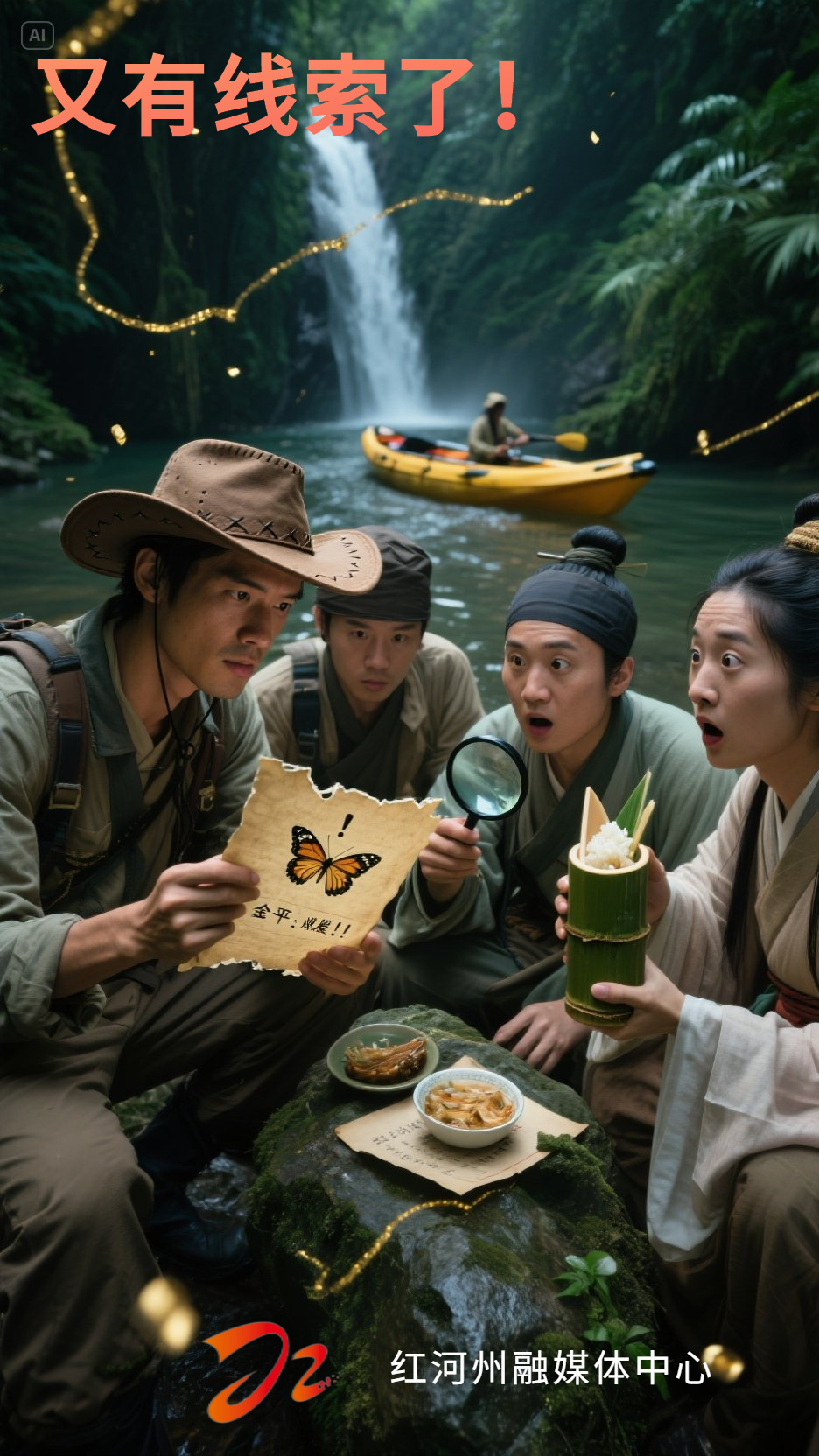 jimeng-2025-05-13-442-四位探险家围坐在南溪河漂流终点岩石旁，牛仔帽队长手持加密日记残页，汉服学者用放大镜观察蝴蝶翅膀标记，摄影师抓拍泛黄纸页「⚠️蝴蝶翅膀标记…金平…爆发！」特写....jpeg